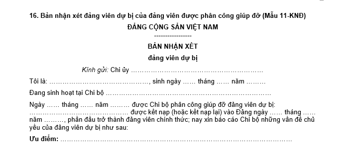 Bản nhận xét của Chi Bộ đối với Đảng viên dự bị là công chức, viên chức mới nhất