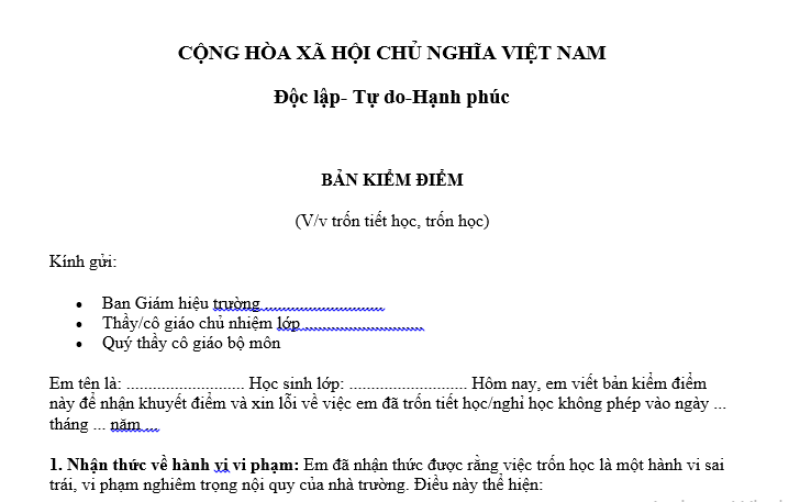 Mẫu bản kiểm điểm trốn tiết, trốn học dành cho học sinh cấp 2, cấp 3