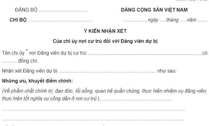  Mẫu ý kiến nhận xét của chi ủy nơi cư trú đối với Đảng viên dự bị