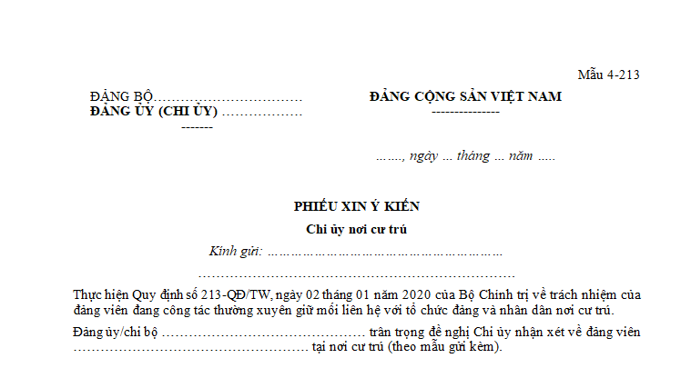 Mẫu phiếu xin ý kiến chi ủy nơi cư trú đối với đảng viên giới thiệu nhưng được miễn sinh hoạt nơi cư trú