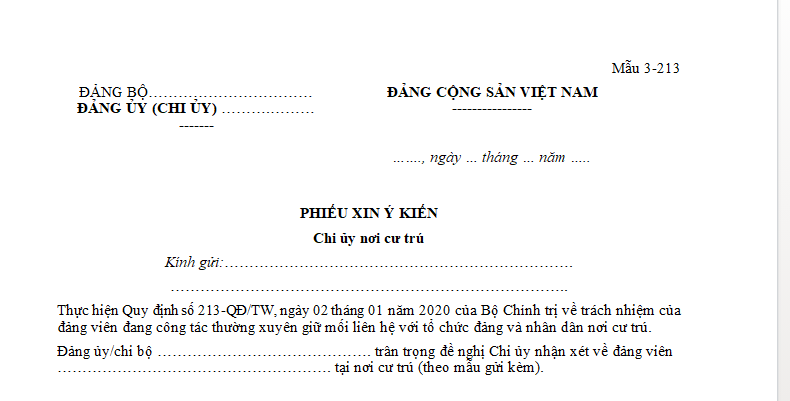 Mẫu phiếu xin ý kiến chi ủy nơi cư trú theo Mẫu 3-213