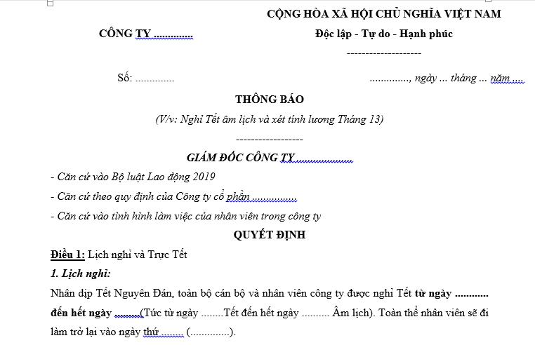 Mẫu thông báo Nghỉ Tết âm lịch và xét tính lương Tháng 13 dành cho doanh nghiệp mới nhất