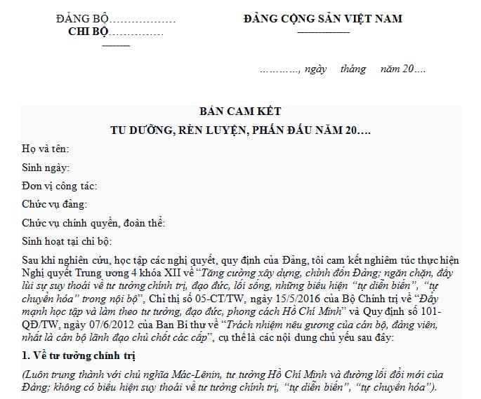 Mẫu Bản cam kết tu dưỡng rèn luyện phấn đấu của đảng viên dành cho công chức, viên chức