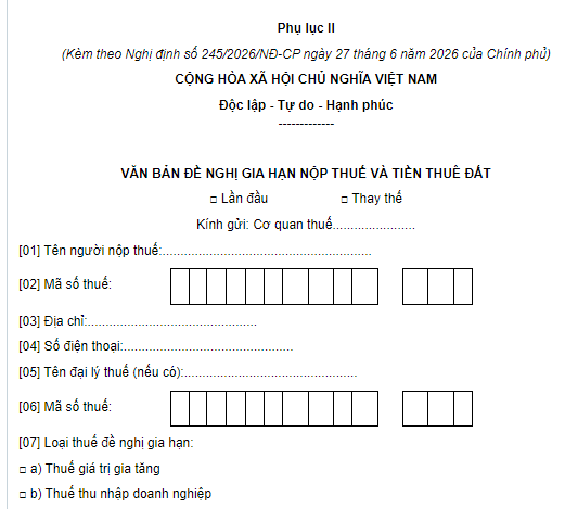 Mẫu văn bản đề nghị gia hạn nộp thuế GTGT kỳ tính thuế tháng 5 năm 2026