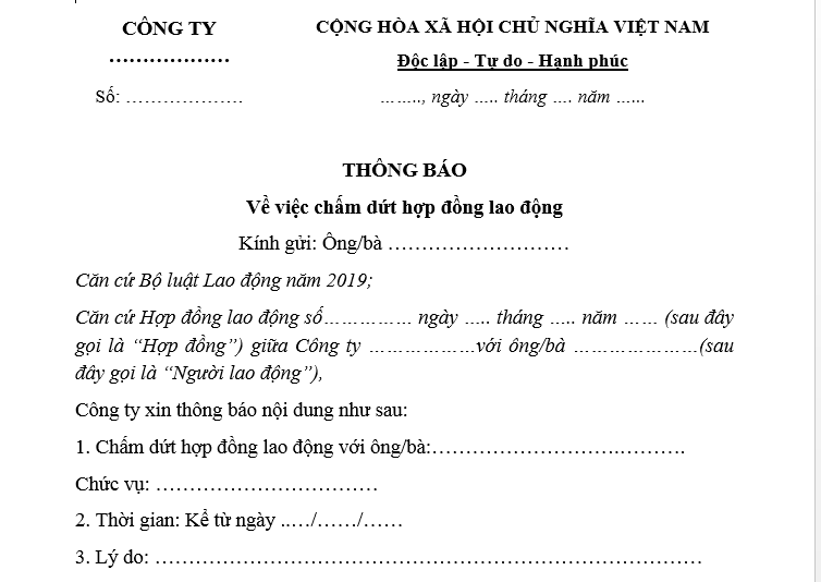 Mẫu thông báo cho nhân viên nghỉ việc mới nhất