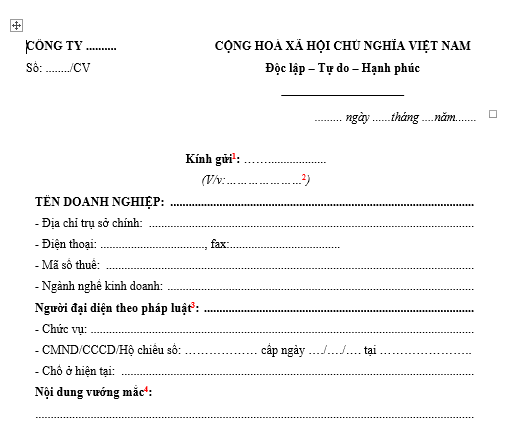Mẫu công văn đề nghị Cơ quan thuế hướng dẫn thủ tục, vướng mắc pháp lý