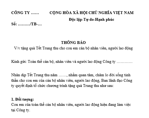 Mẫu Thông báo tặng quà bánh Tết Trung thu cho công nhân, người lao động công ty