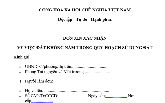 Mẫu Đơn xin xác nhận đất không quy hoạch sử dụng đất