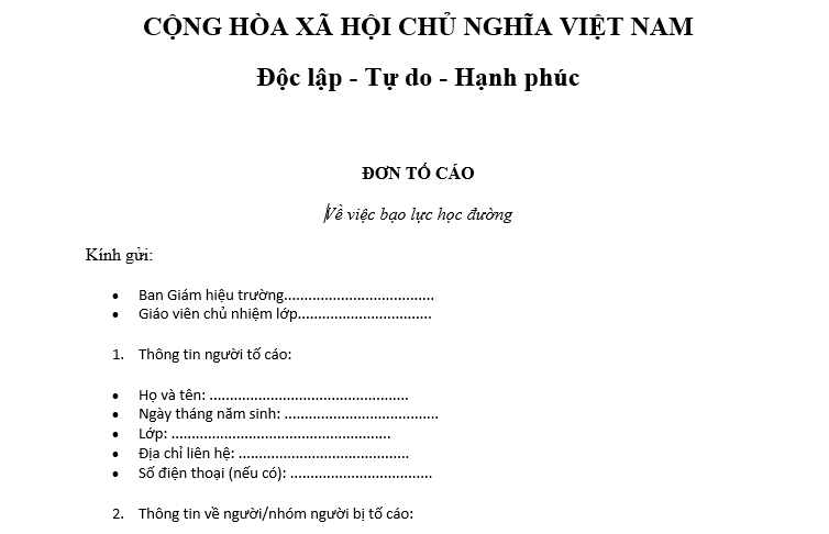 Mẫu đơn tố cáo bạo lực học đường