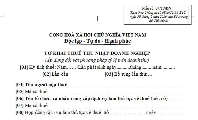 Tờ khai thuế TNDN (Áp dụng đối với phương pháp tỷ lệ trên doanh thu)