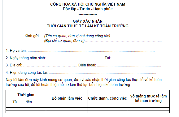 Mẫu xác nhận thời gian làm kế toán trưởng có dạng như sau: