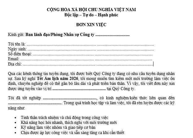 Mẫu đơn xin việc sau Tết Âm lịch 2026 sử dụng được cho nhiều ngành nghề
