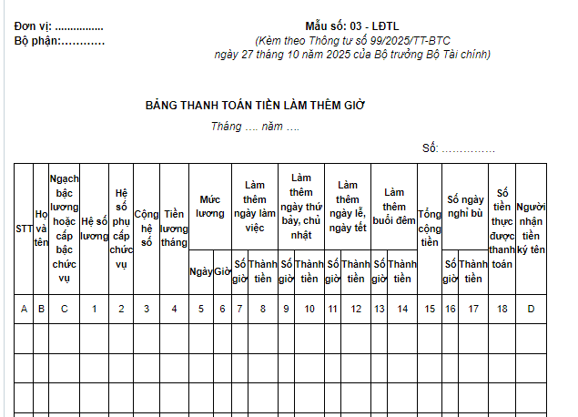 Mẫu Bảng thanh toán tiền làm thêm giờ lễ Giỗ tổ Hùng Vương và 30/4 -1/5 năm 2026