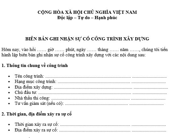Mẫu Biên bản ghi nhận sự cố công trình xây dựng