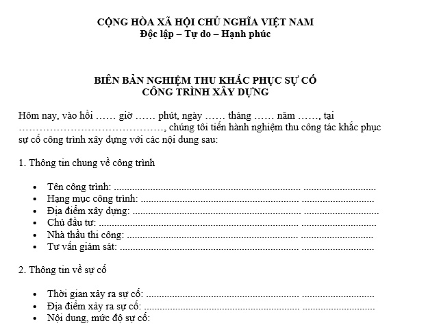 Mẫu Biên bản nghiệm thu khắc phục sự cố công trình xây dựng mới nhất