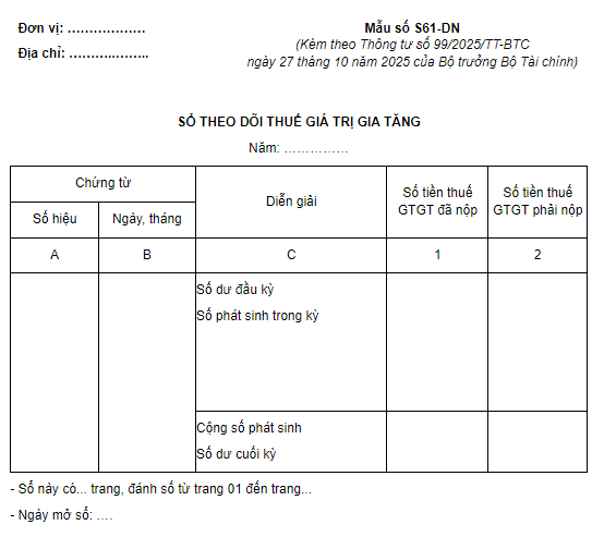 Mẫu Sổ theo dõi thuế GTGT theo Thông tư 99