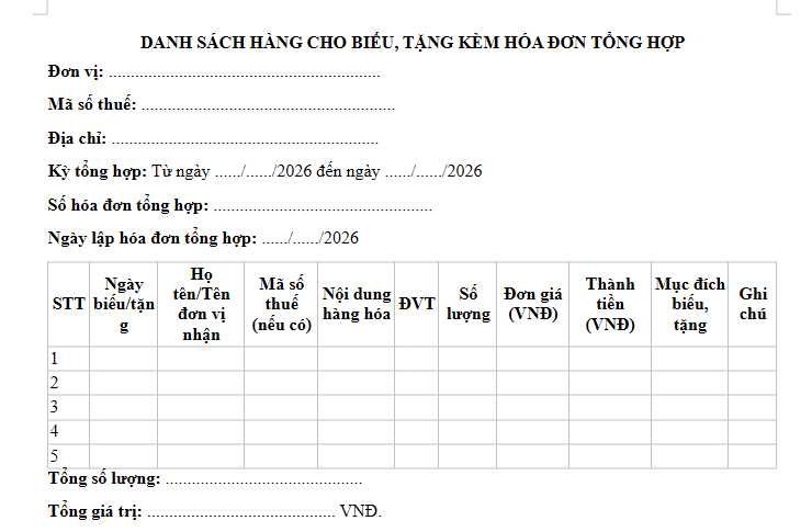  Mẫu Danh sách hàng cho biếu tặng kèm hóa đơn tổng hợp