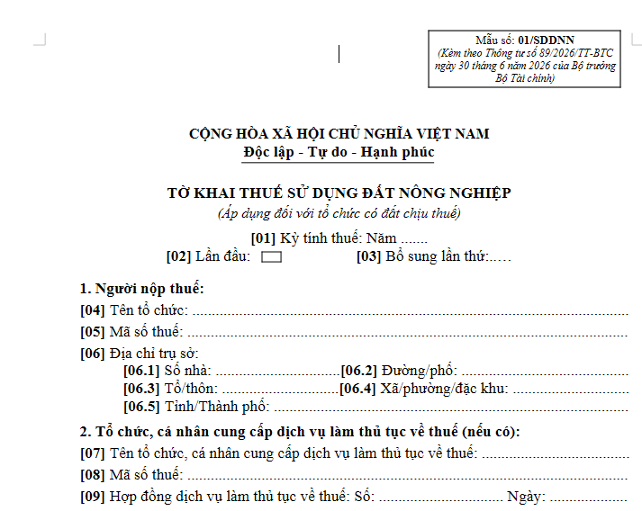 Mẫu Tờ khai thuế sử dụng đất nông nghiệp dành cho tổ chức có đất chịu thuế