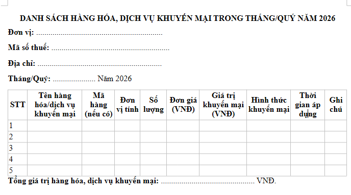 Mẫu Danh sách hàng hóa dịch vụ khuyến mại trong tháng/quý 2026