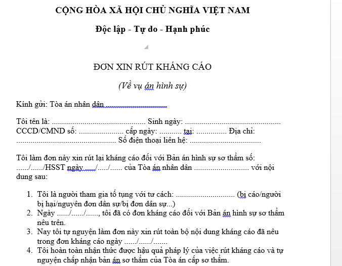  Mẫu đơn rút kháng cáo hình sự