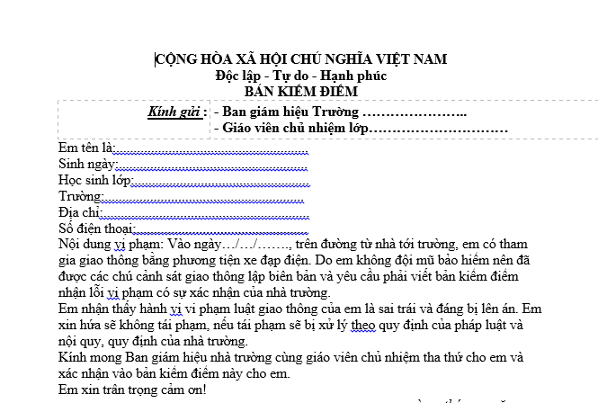  Mẫu bản kiểm điểm học sinh không đội mũ bảo hiểm