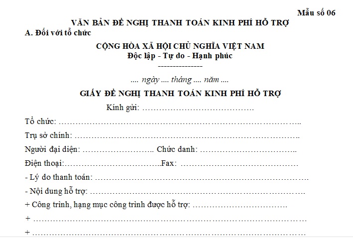 mẫu giấy đề nghị thanh toán kinh phí hỗ trợ