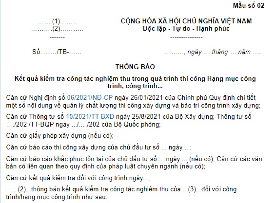 mẫu thông báo kết quả kiểm tra công tác nghiệm thu