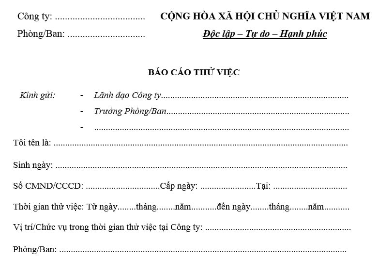 báo cáo thử việc do người lao động gửi cho doanh nghiệp