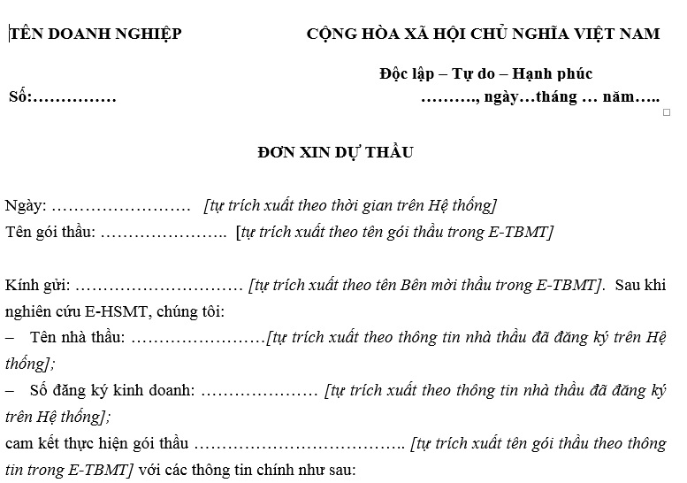 đơn xin dự thầu qua mạng