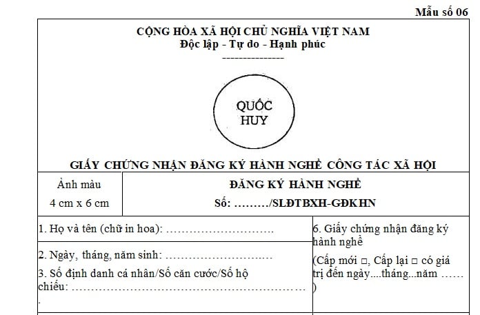 mẫu giấy chứng nhận hành nghề ctxh