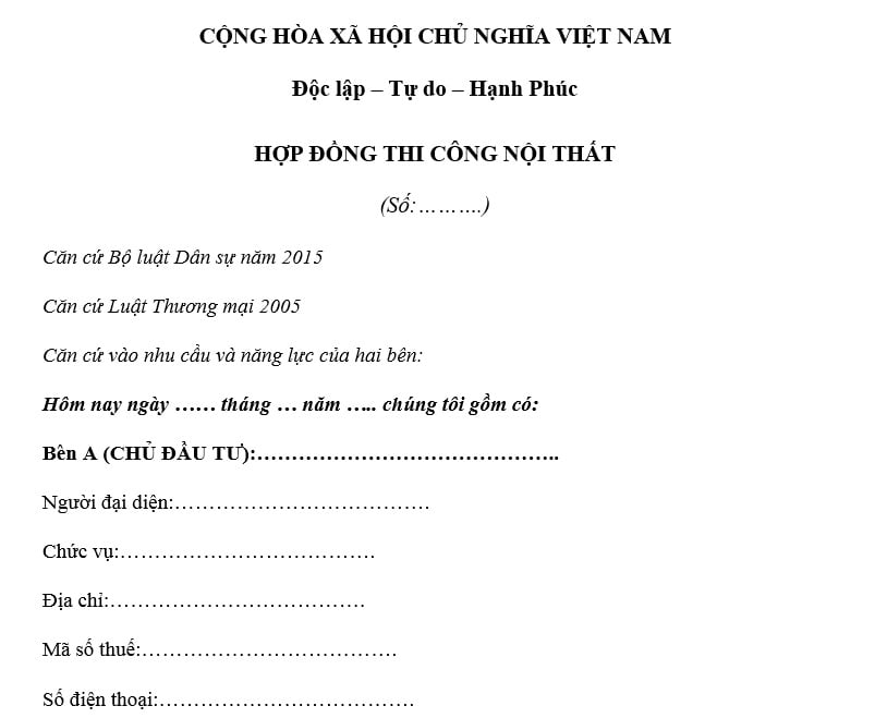 hợp đồng thi công nội thất