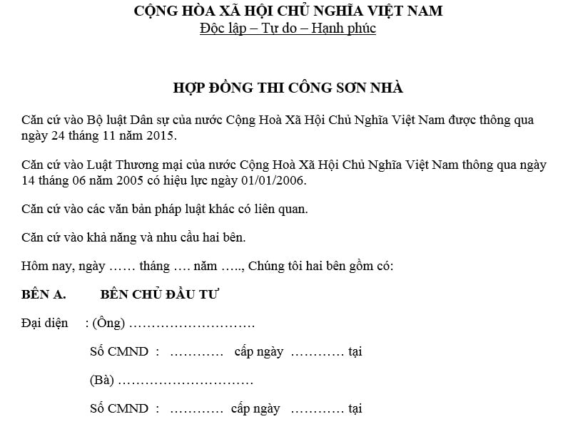 mẫu hợp đồng thi công sơn nhà