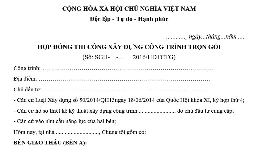 mẫu hợp đồng thi công xd công trình trọn gói