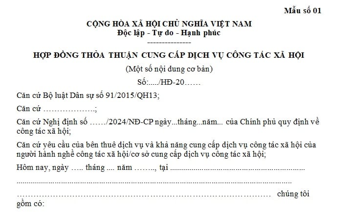 thỏa thuận cung cấp dv công tác xã hội