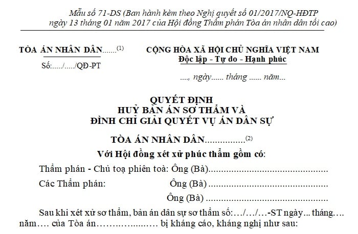 QUYẾT định hủy bản án sơ thẩm và đình chỉ giải quyết vụ án dân sự