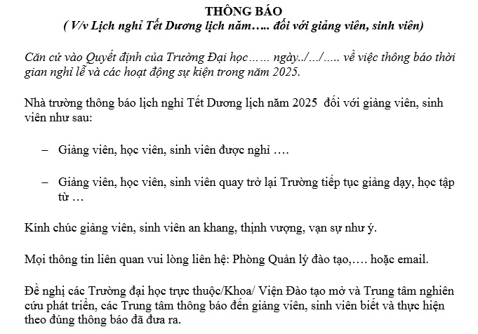 mẫu thông báo nghỉ tết dương lịch