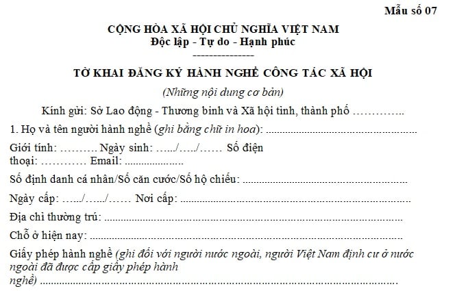 mẫu tờ khai đăng ký hành nghề công tác xã hội