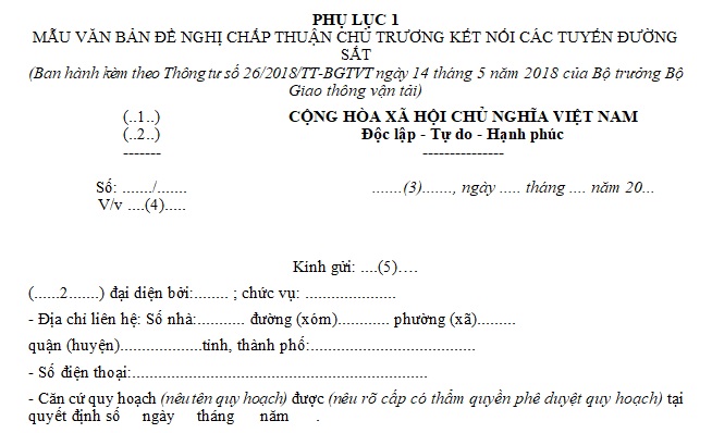 mẫu văn bản đề nghị cấp thuận chủ trương kết nối các tuyến đường sắt