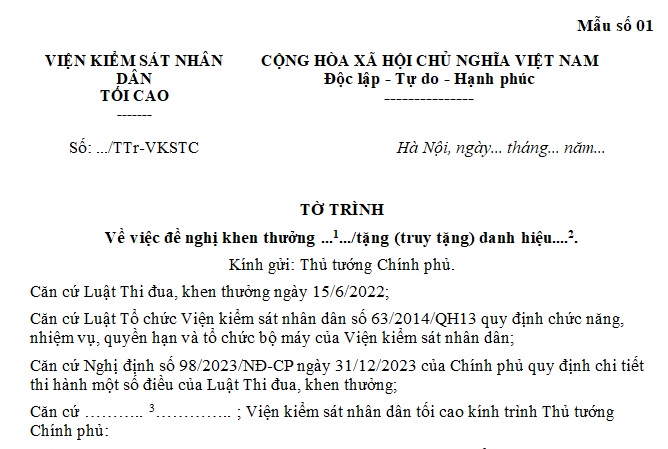 tờ trình đề nghị khen thưởng