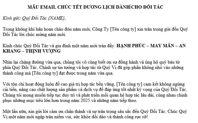 mẫu email chúc tết dương lịch giành cho đối tác