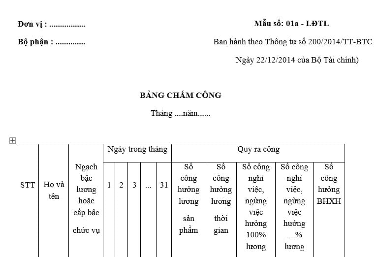 mẫu bảng chấm công file word