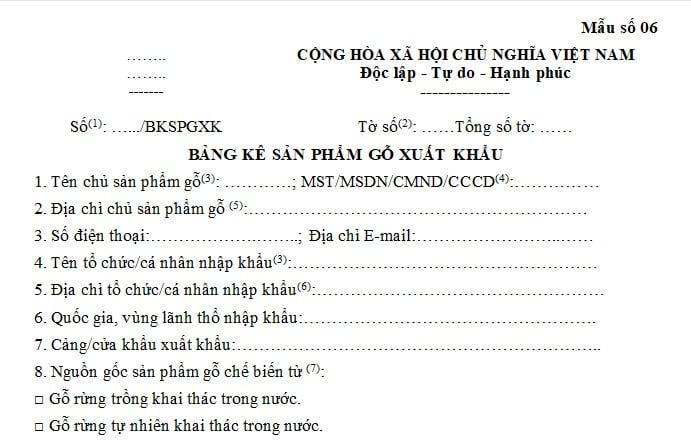 bảng kê sản phẩm gỗ xuất khẩu