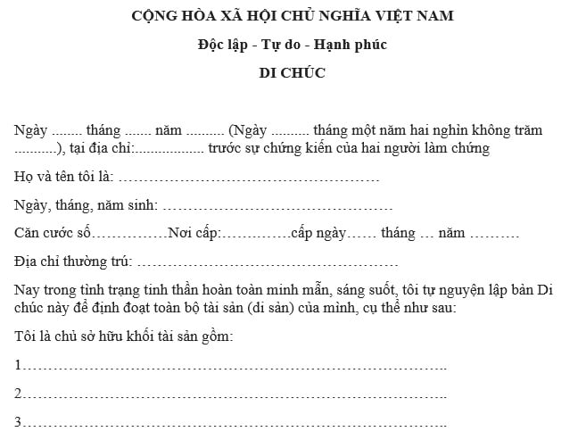 mẫu di chúc có người làm chứng