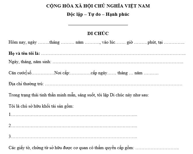 mẫu di chúc viết tay