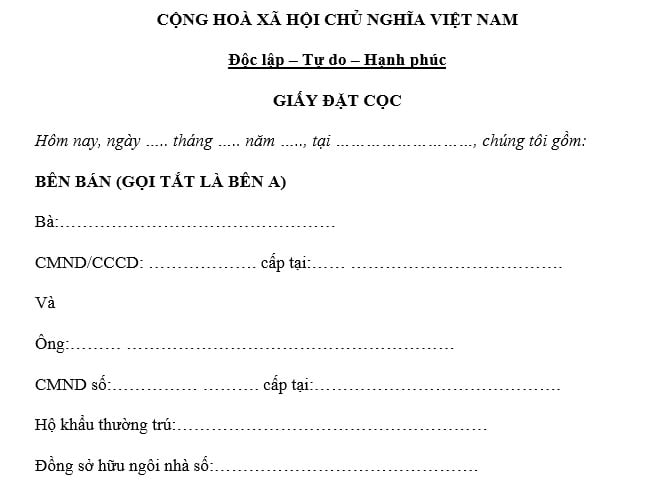 giấy đặt cọc mua nhà 