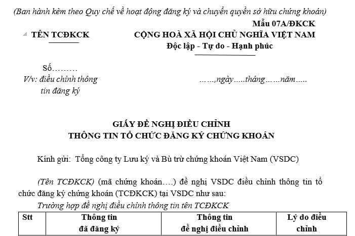 giấy đề nghị điều chỉnh thông tin tổ chức đk ck