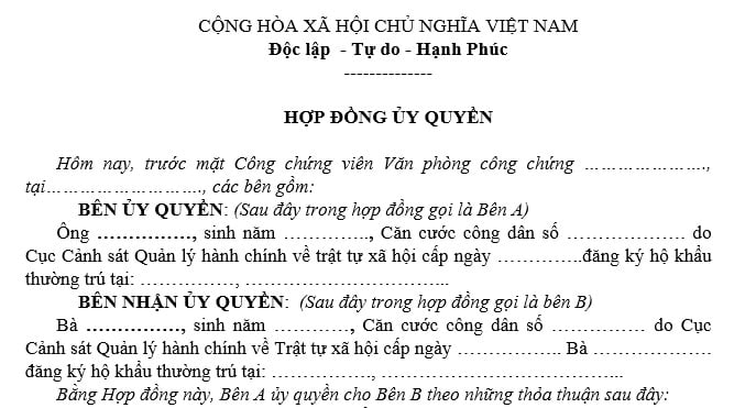 hợp đồng ủy quyền chồng cho vợ đi mua đất