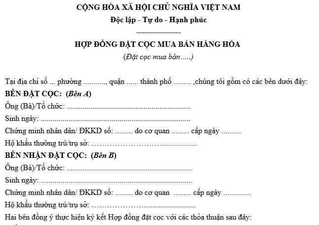 hợp đồng đặt cọc mua bán hàng hóa