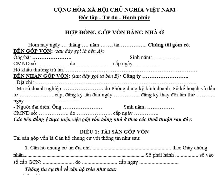 hợp đồng góp vốn bằng nhà ở