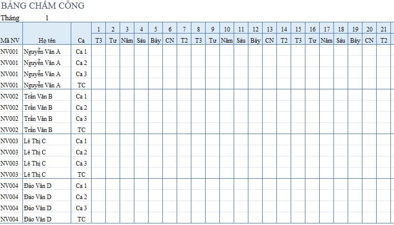 bảng chấm công excel